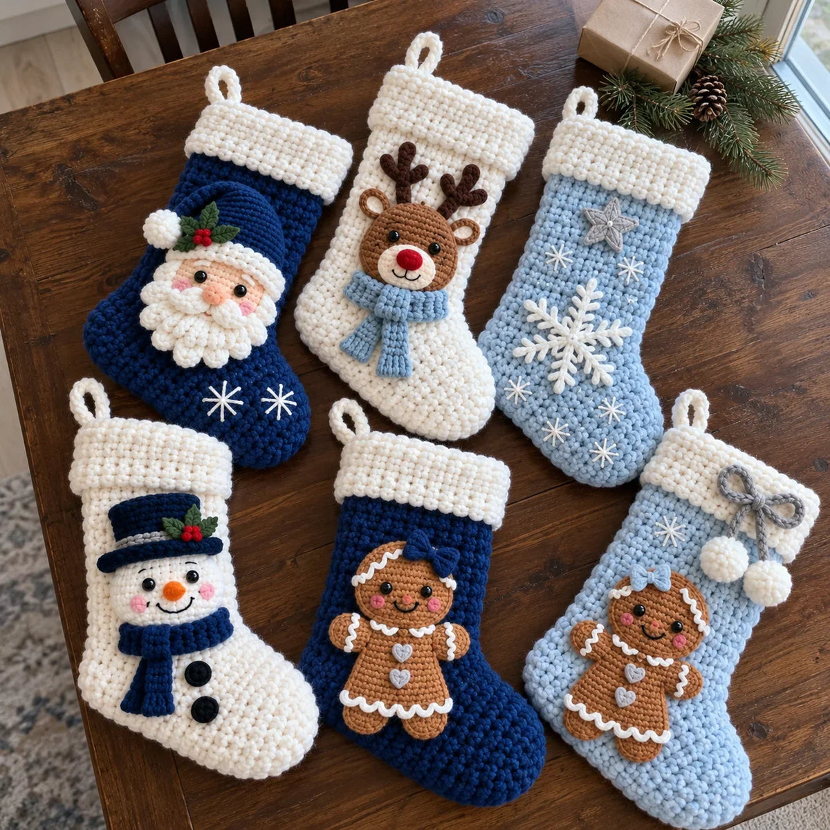 Weihnachtliche Häkelstrümpfe – 6 Häkelanleitungen mit Weihnachtsmann, Rentier & Schneemann