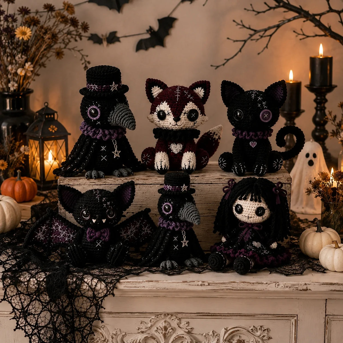 Gothic Amigurumi Crochet Pattern - Halloween Doll Set PDF, various sizes