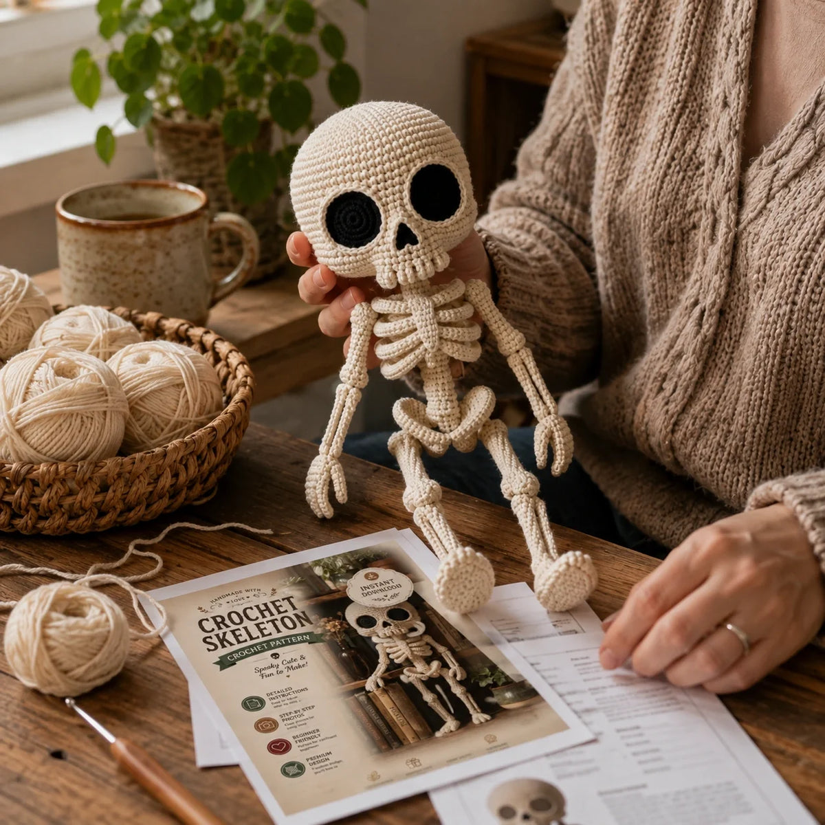 Häkelanleitung für kleines Amigurumi-Skelett – Halloween, 30 cm