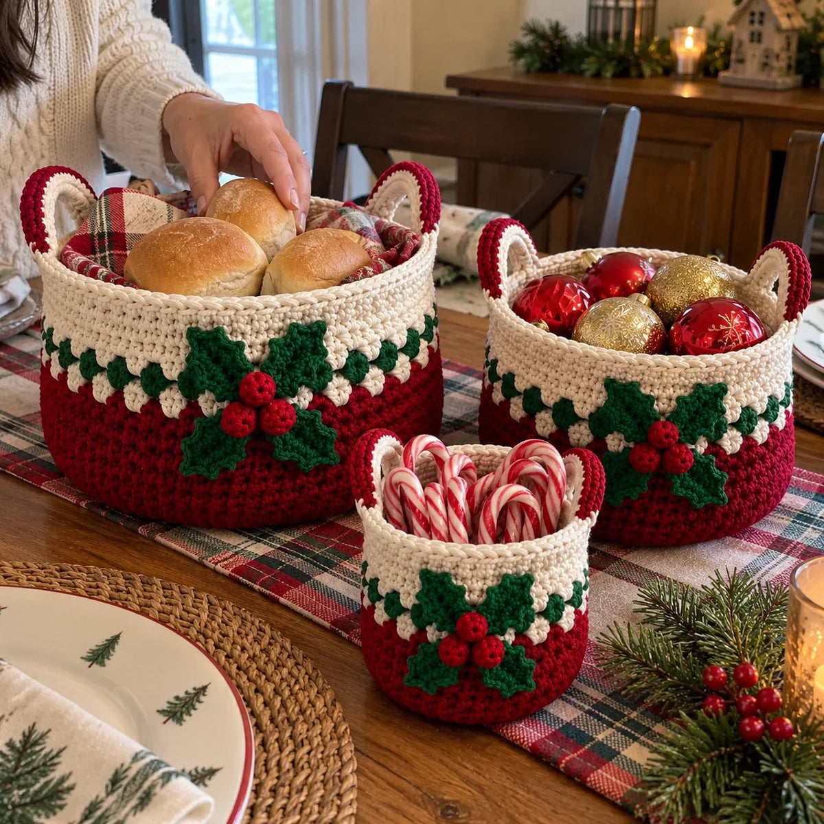 Häkelanleitung Weihnachtskörbe – 3 stapelbare Größen mit Stechpalmen-Dekor