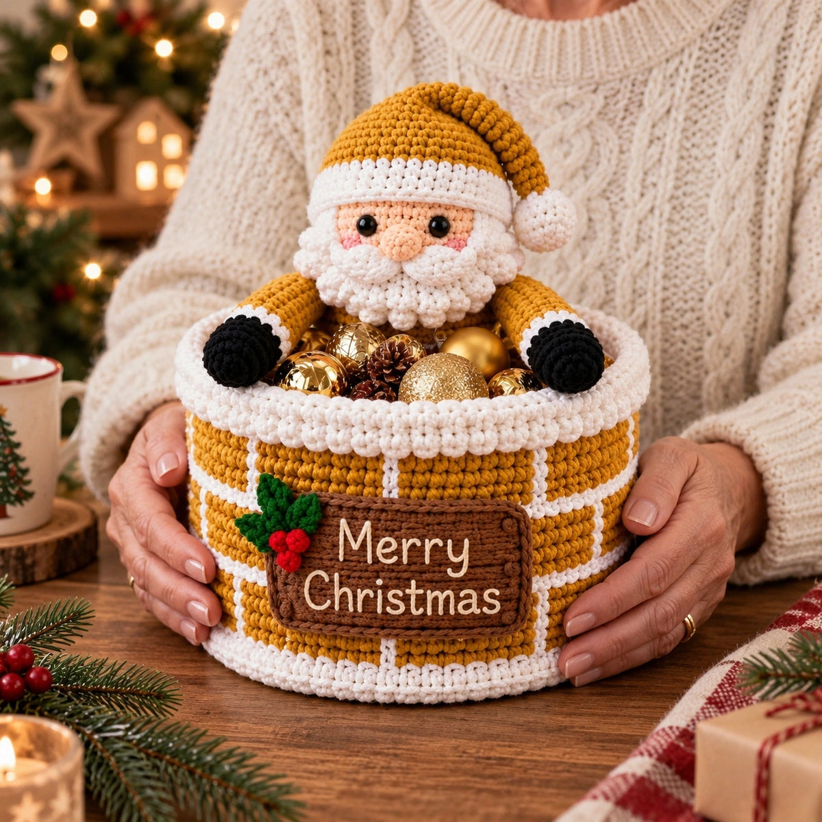Weihnachtsmann-Kamin Korb Häkelanleitung – Weihnachtlicher Süßigkeitenhalter