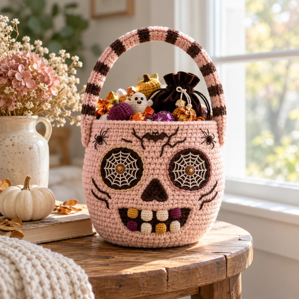 Häkelanleitung für einen Halloween-Zuckerschädel-Korb