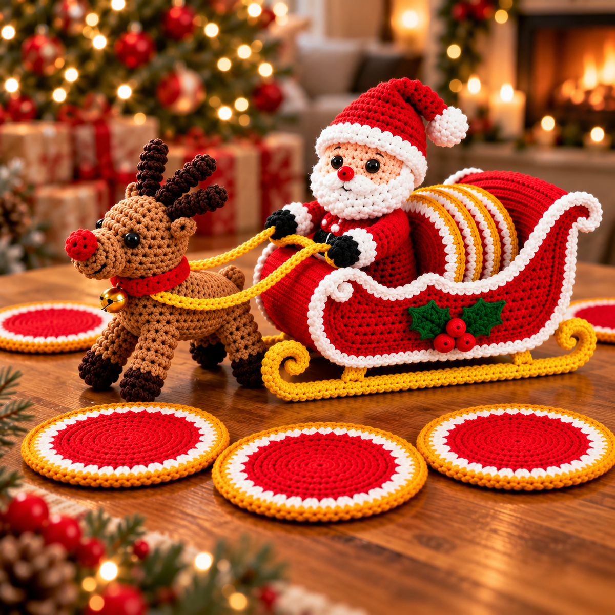 Weihnachtlicher Schlitten mit Rentier & Untersetzern – Häkelanleitung