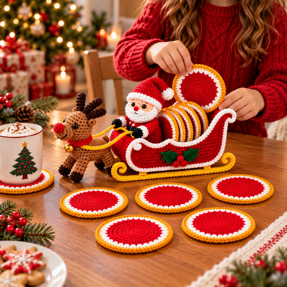 Weihnachtlicher Schlitten mit Rentier & Untersetzern – Häkelanleitung