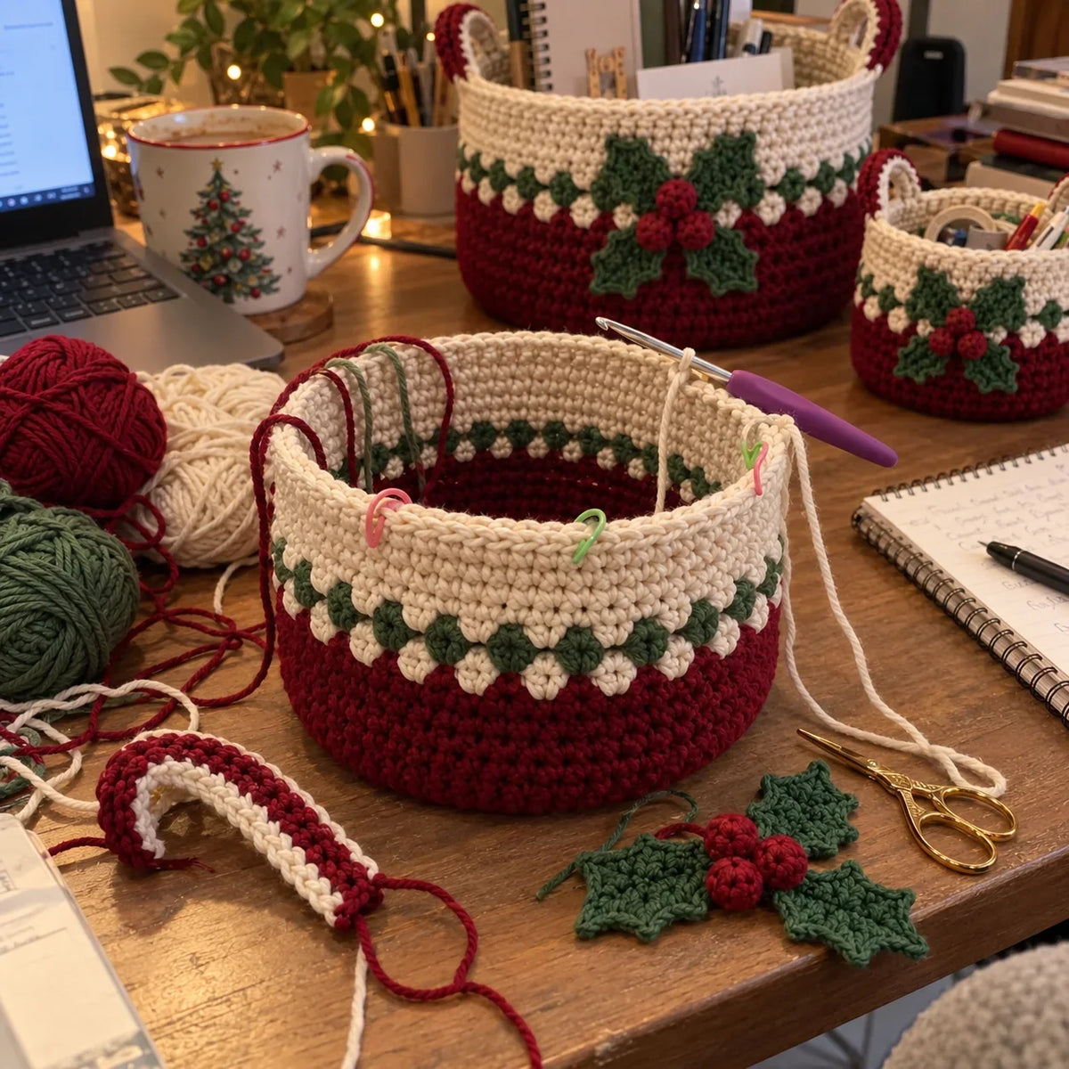 Häkelanleitung Weihnachtskörbe – 3 stapelbare Größen mit Stechpalmen-Dekor