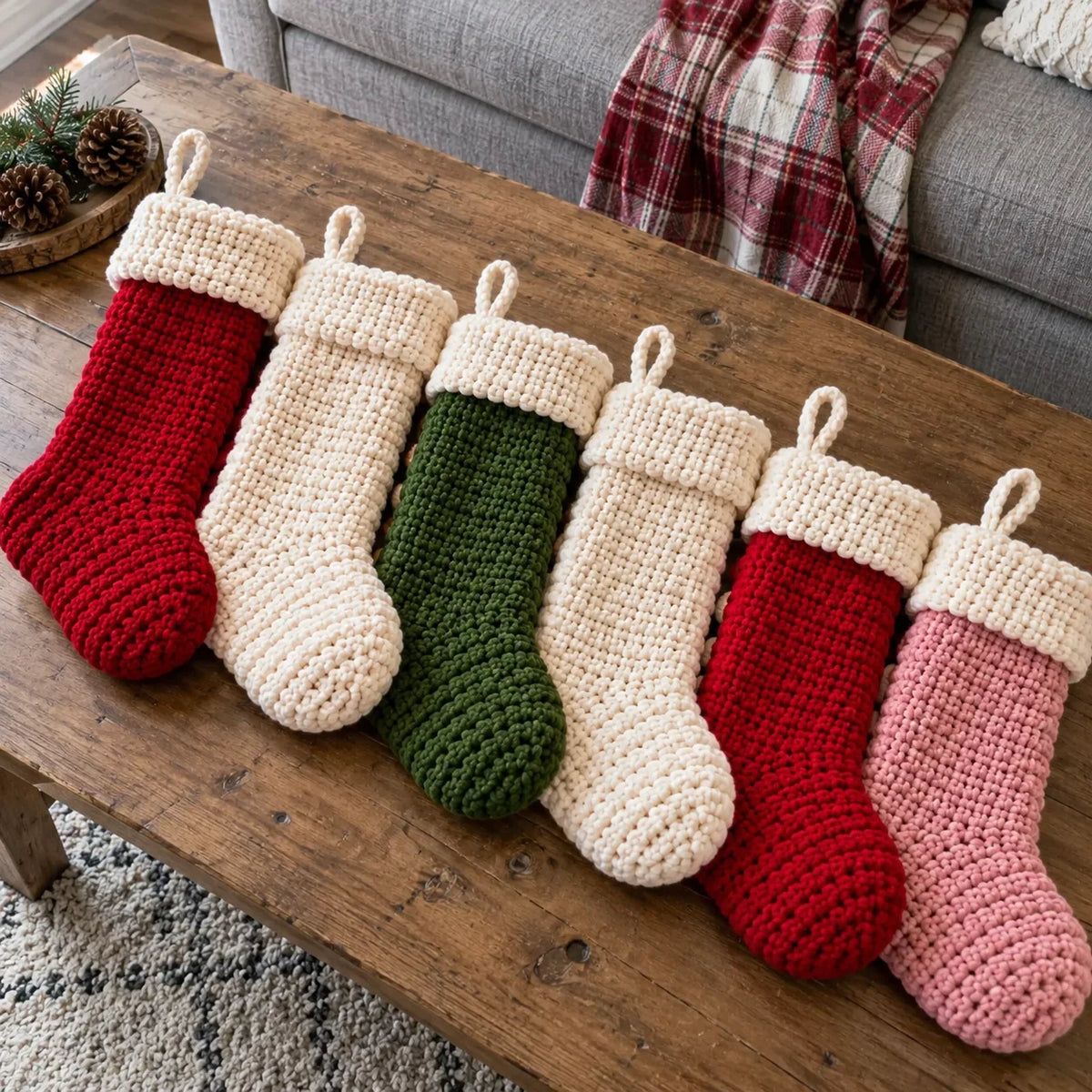 Weihnachtliche Häkelstrümpfe – 6 Häkelanleitungen mit Weihnachtsmann, Rentier & Schneemann