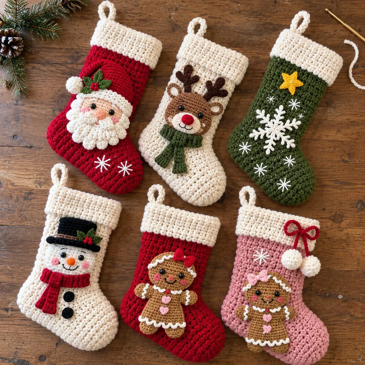 Weihnachtliche Häkelstrümpfe – 6 Häkelanleitungen mit Weihnachtsmann, Rentier & Schneemann
