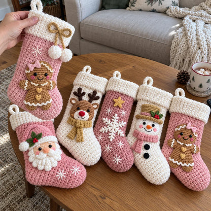 Weihnachtliche Häkelstrümpfe – 6 Häkelanleitungen mit Weihnachtsmann, Rentier & Schneemann