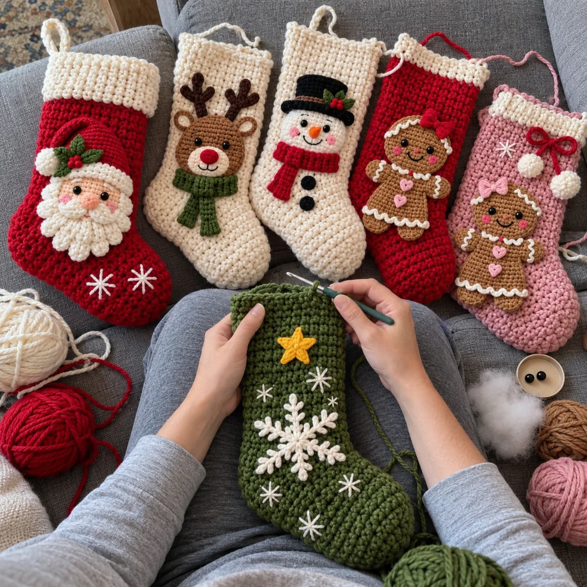 Weihnachtliche Häkelstrümpfe – 6 Häkelanleitungen mit Weihnachtsmann, Rentier & Schneemann
