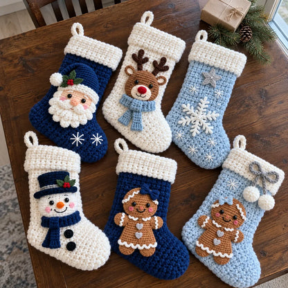 Weihnachtliche Häkelstrümpfe – 6 Häkelanleitungen mit Weihnachtsmann, Rentier & Schneemann