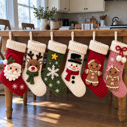 Weihnachtliche Häkelstrümpfe – 6 Häkelanleitungen mit Weihnachtsmann, Rentier & Schneemann