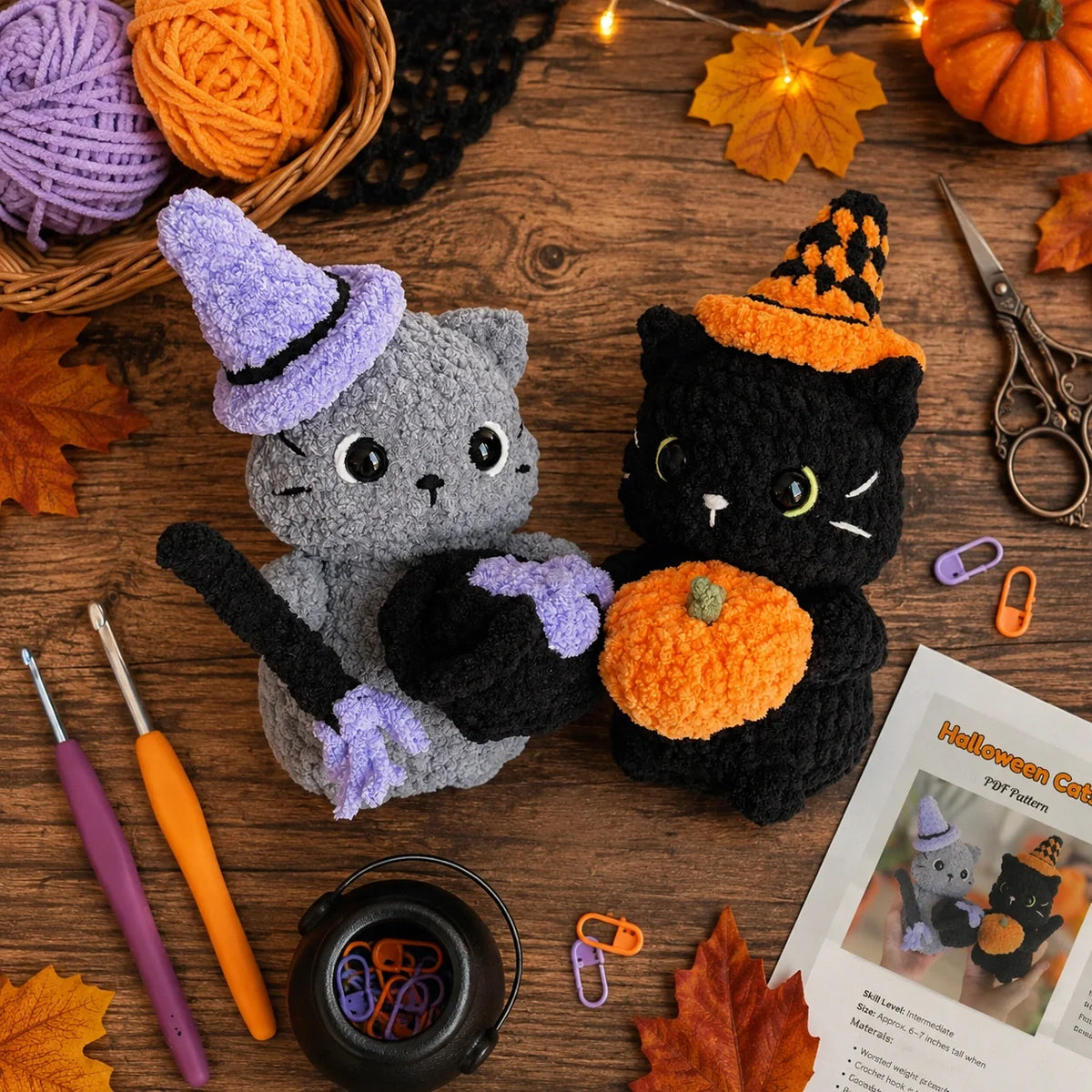 Halloween-Katzen Amigurumi Häkelanleitung - Anfänger PDF, 7"