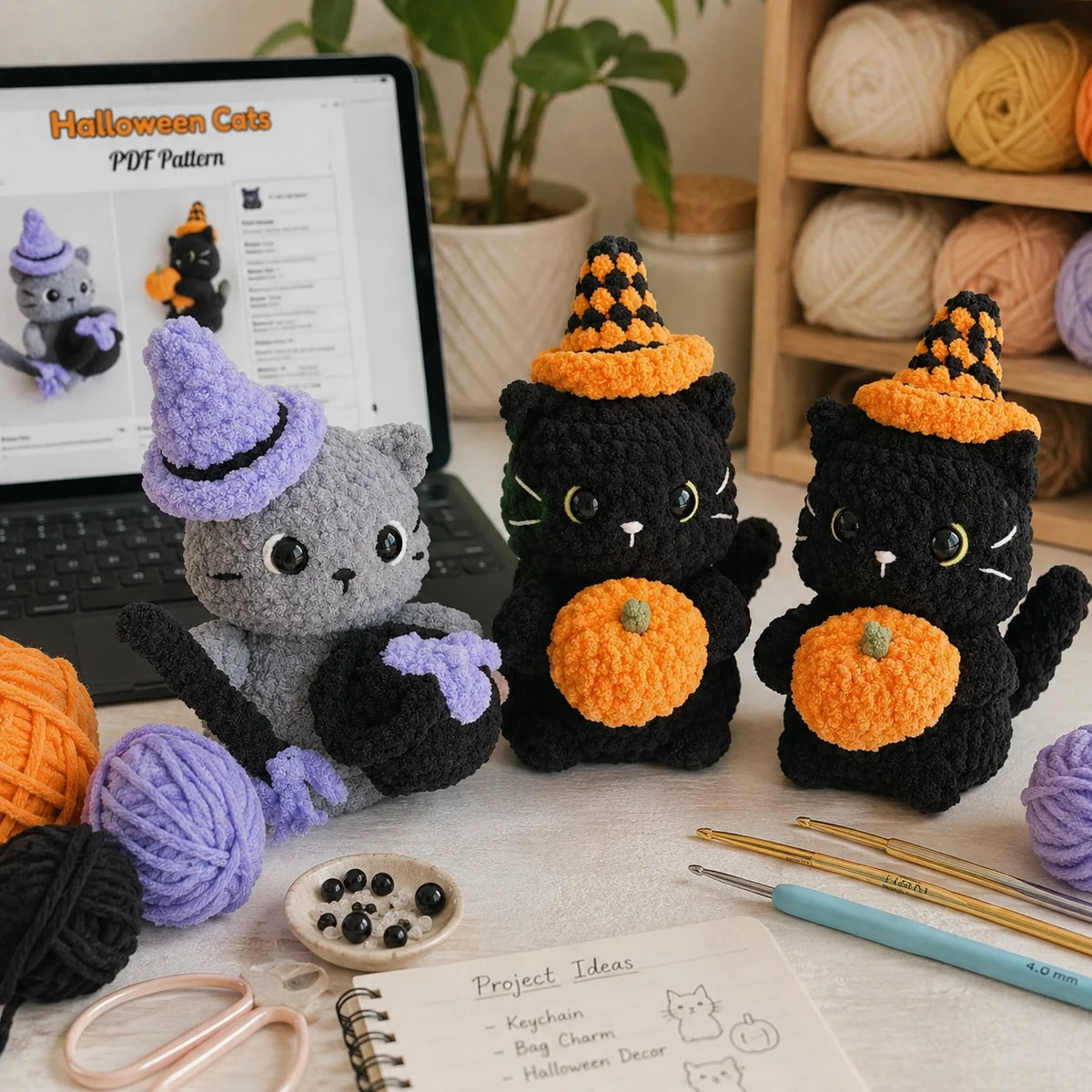 Halloween-Katzen Amigurumi Häkelanleitung - Anfänger PDF, 7"