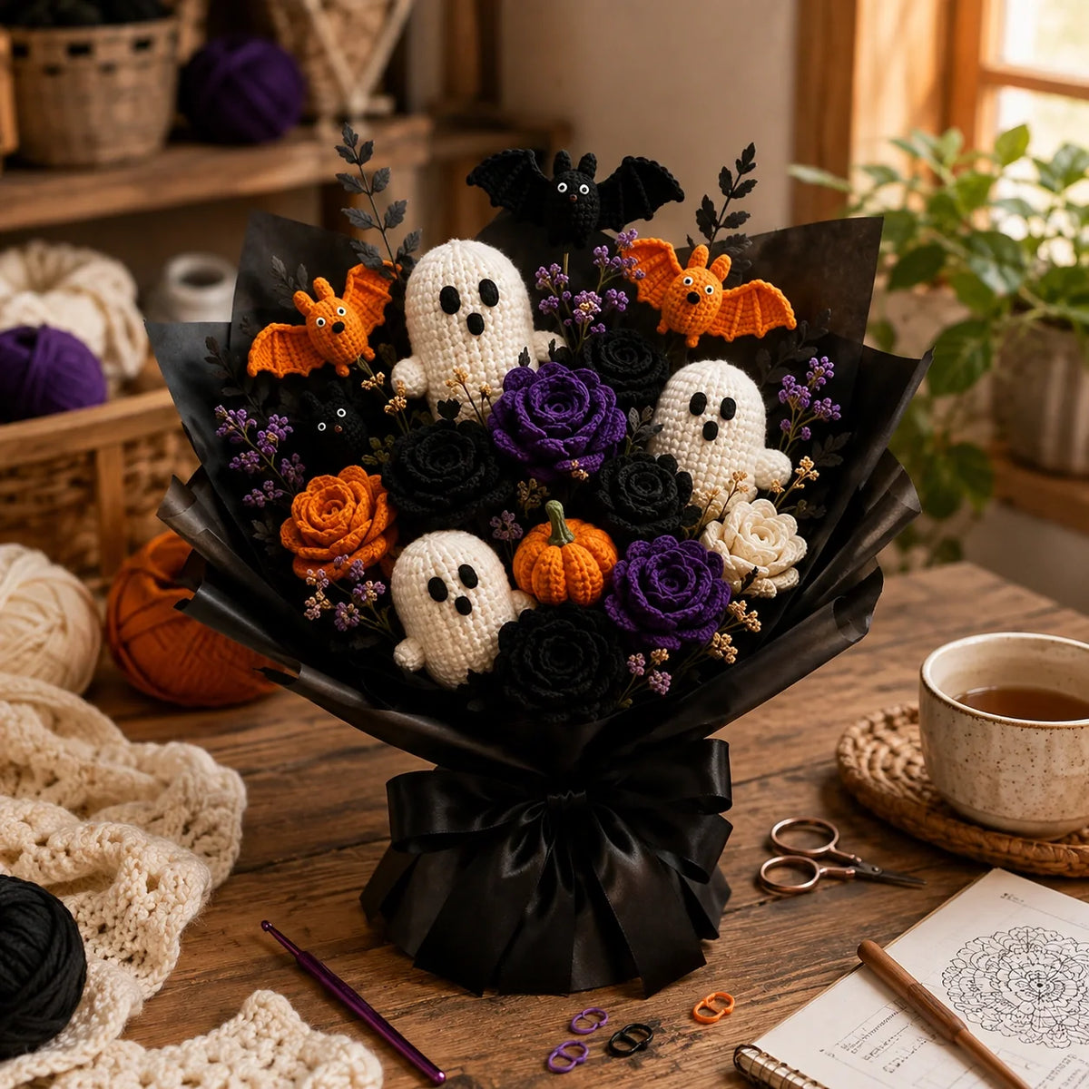 Halloween-Strauß Häkelanleitung 🎃👻 - Geist, Fledermaus, Kürbis