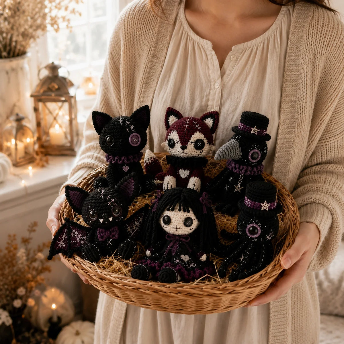 Gothic Amigurumi Crochet Pattern - Halloween Doll Set PDF, various sizes