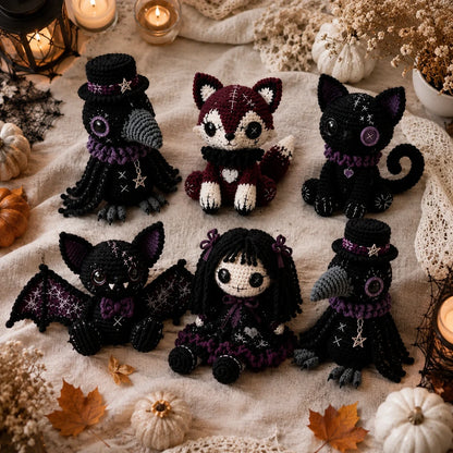 Gothic Amigurumi Crochet Pattern - Halloween Doll Set PDF, various sizes