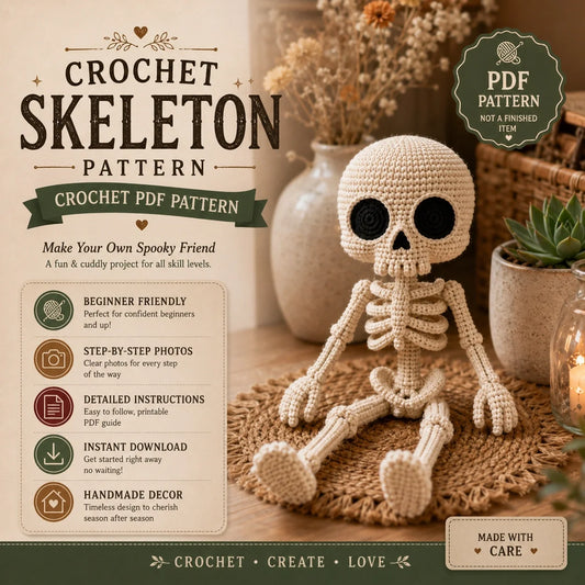 Häkelanleitung für kleines Amigurumi-Skelett – Halloween, 30 cm