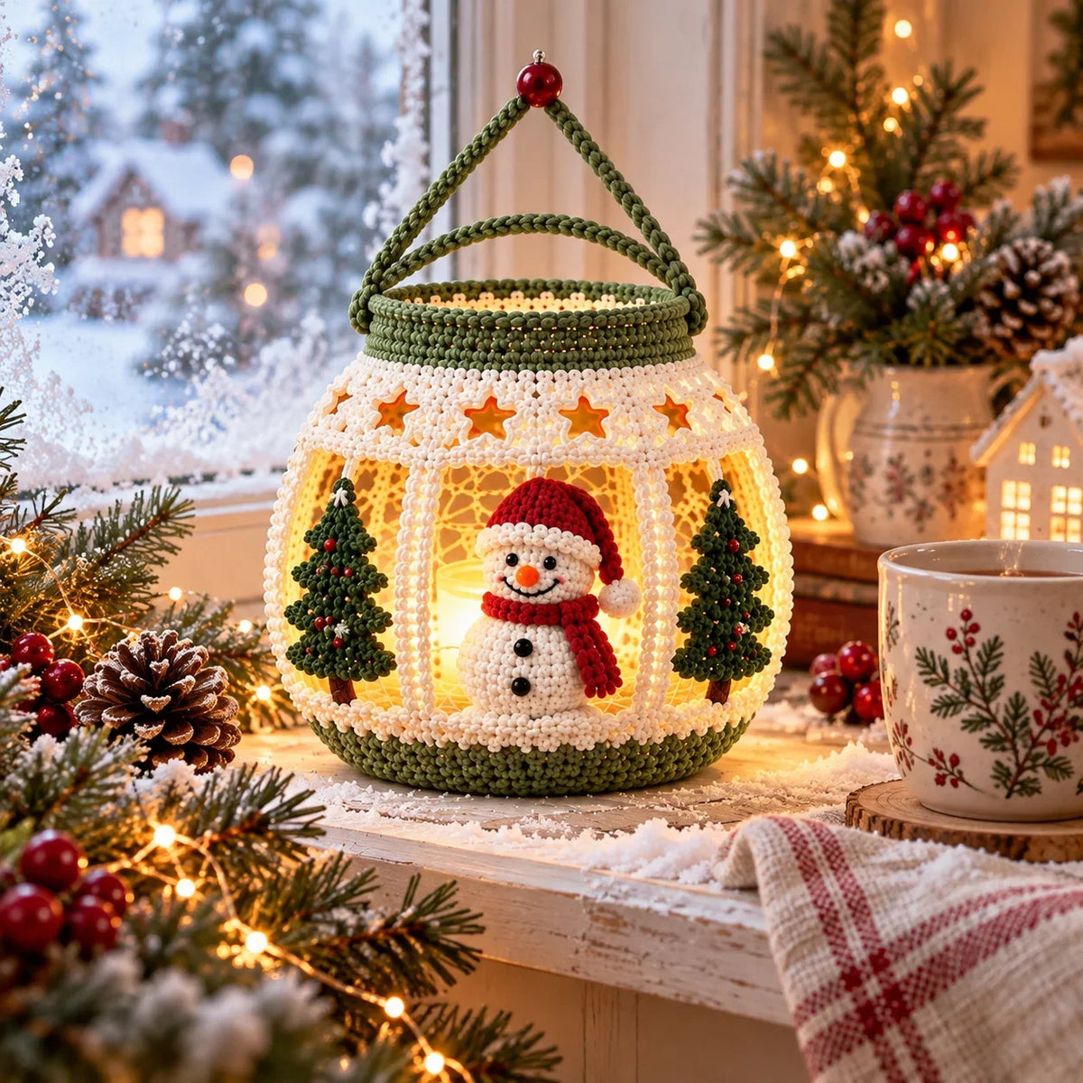 Weihnachtliche Schneemann-Laterne – Amigurumi-Häkelanleitung für LED-Teelicht