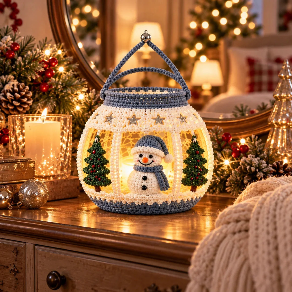 Weihnachtliche Schneemann-Laterne – Amigurumi-Häkelanleitung für LED-Teelicht
