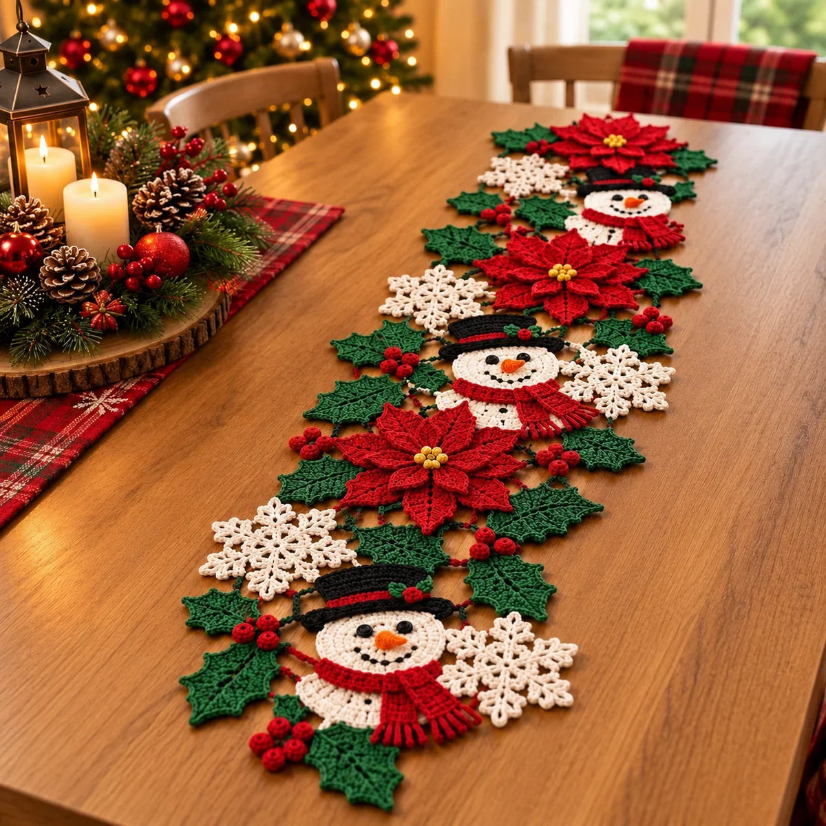 Weihnachtlicher Tischläufer – Häkelanleitung mit Schneemann & Weihnachtsstern