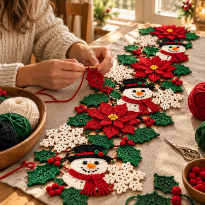 Weihnachtlicher Tischläufer – Häkelanleitung mit Schneemann & Weihnachtsstern