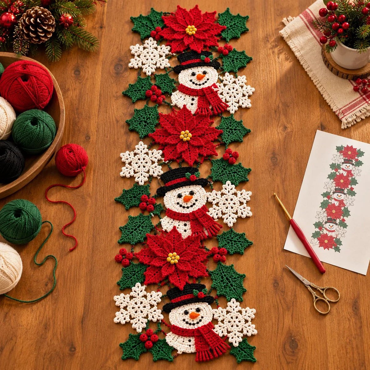 Weihnachtlicher Tischläufer – Häkelanleitung mit Schneemann & Weihnachtsstern