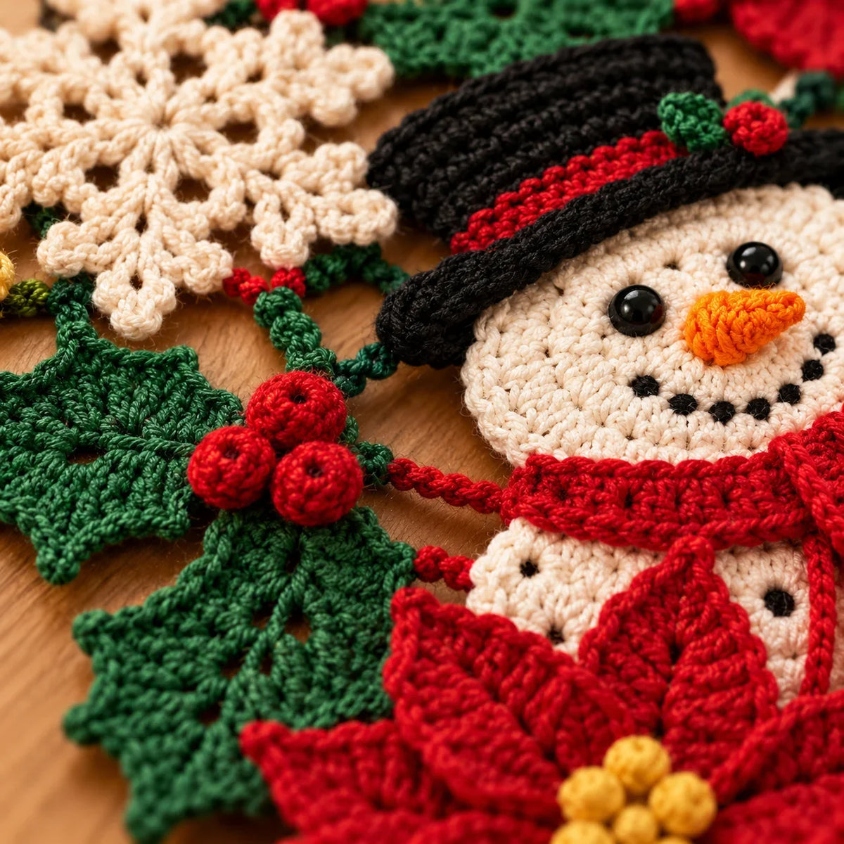 Weihnachtlicher Tischläufer – Häkelanleitung mit Schneemann & Weihnachtsstern