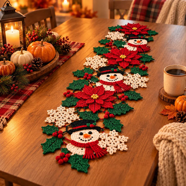 Weihnachtlicher Tischläufer – Häkelanleitung mit Schneemann & Weihnachtsstern