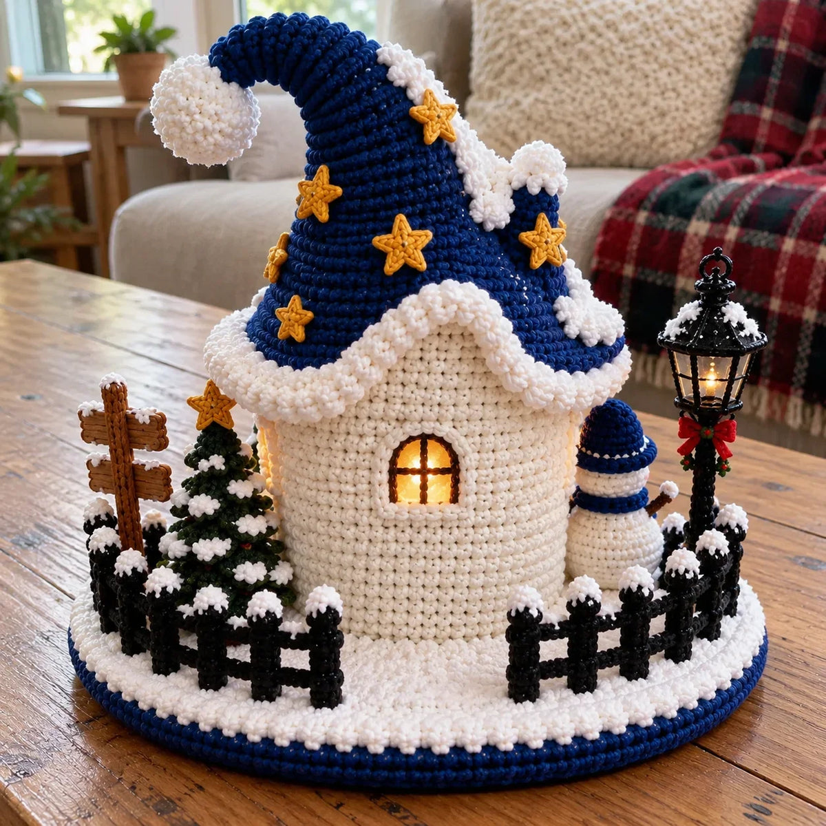 Weihnachtliches Häkelhaus – Sternenlicht-Schneemanndorf