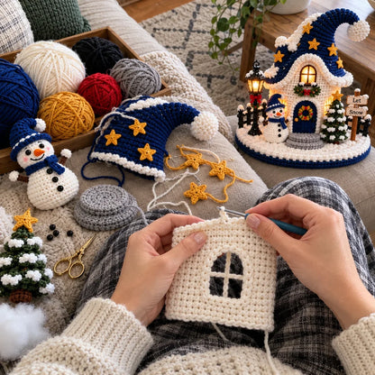 Weihnachtliches Häkelhaus – Sternenlicht-Schneemanndorf