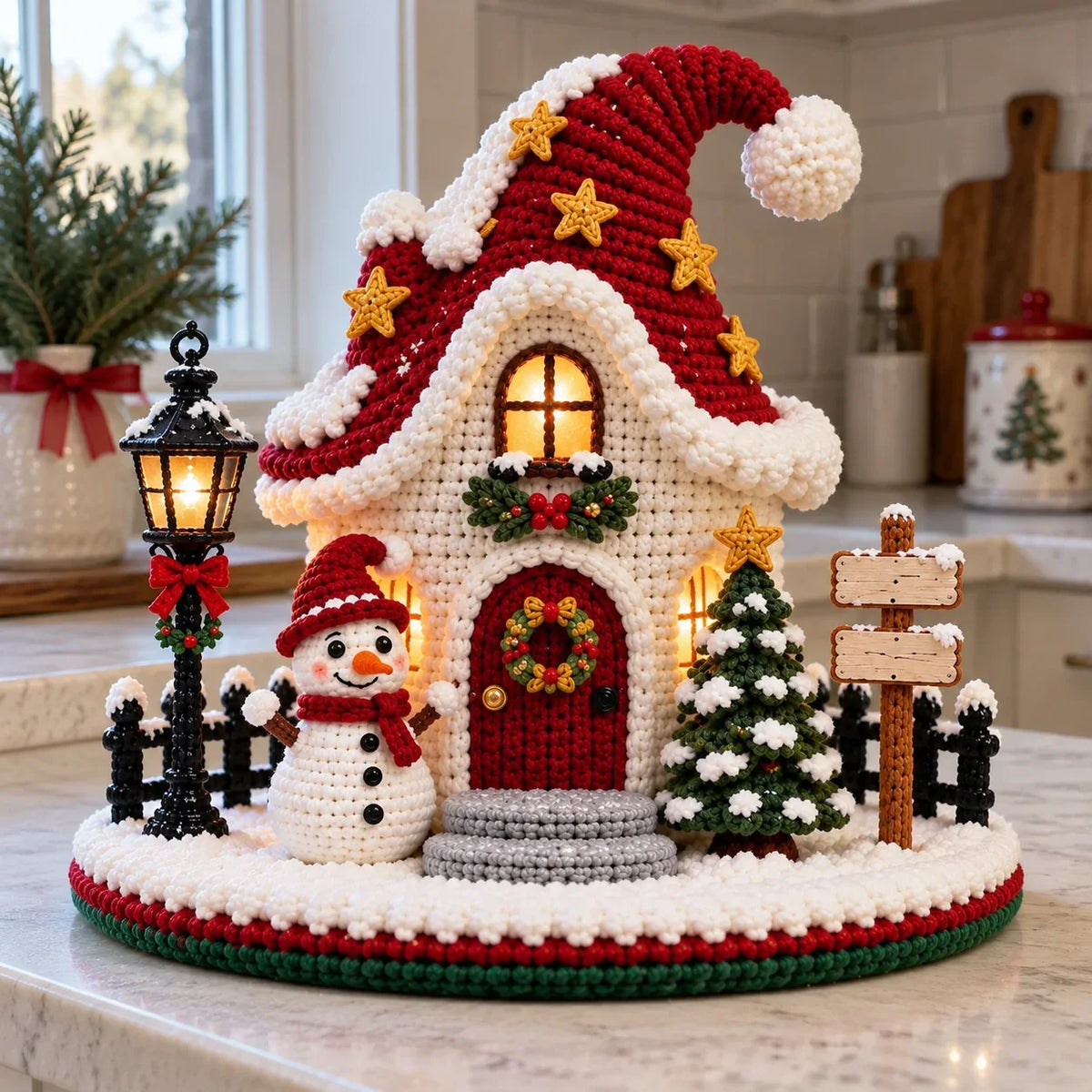 Weihnachtliches Häkelhaus – Sternenlicht-Schneemanndorf