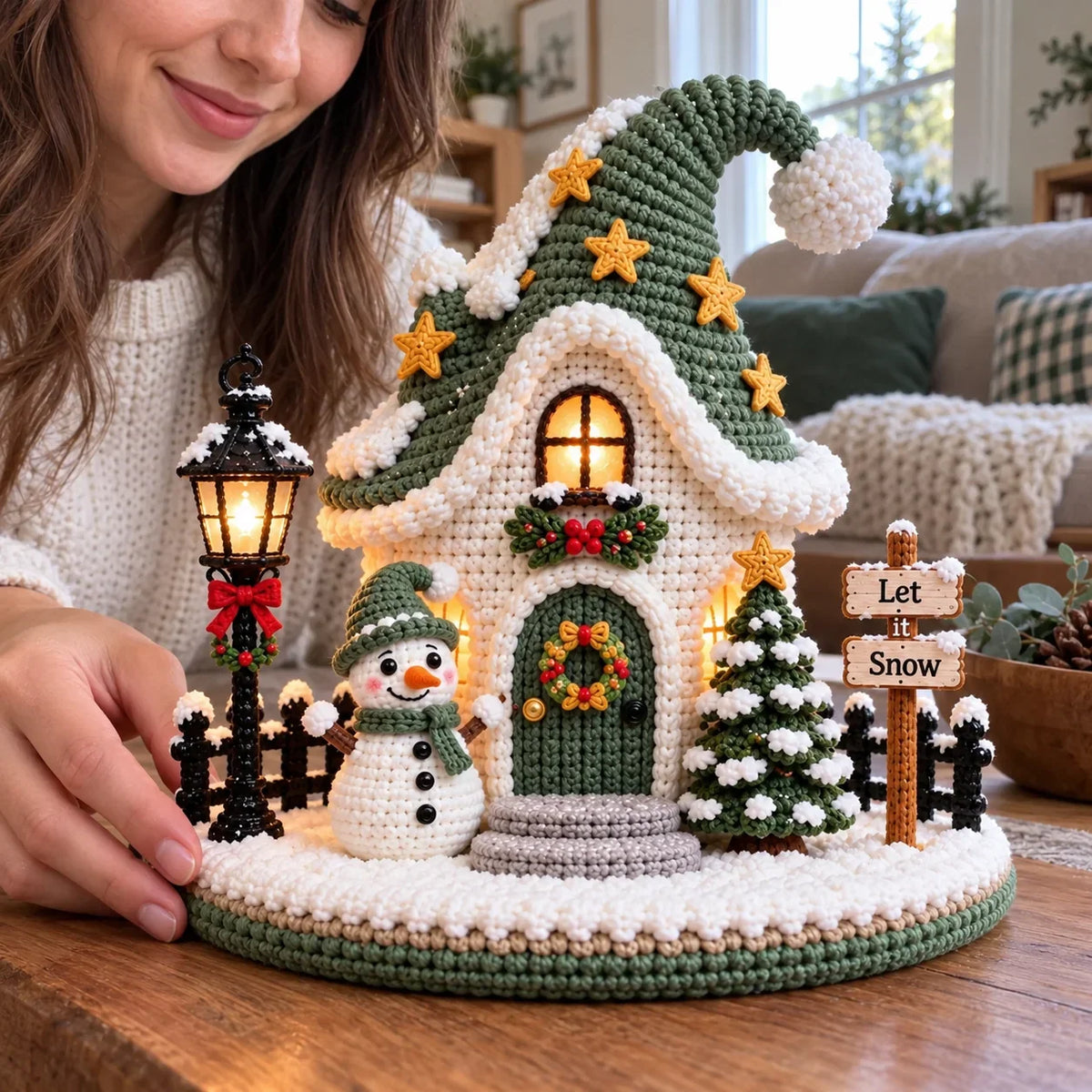Weihnachtliches Häkelhaus – Sternenlicht-Schneemanndorf