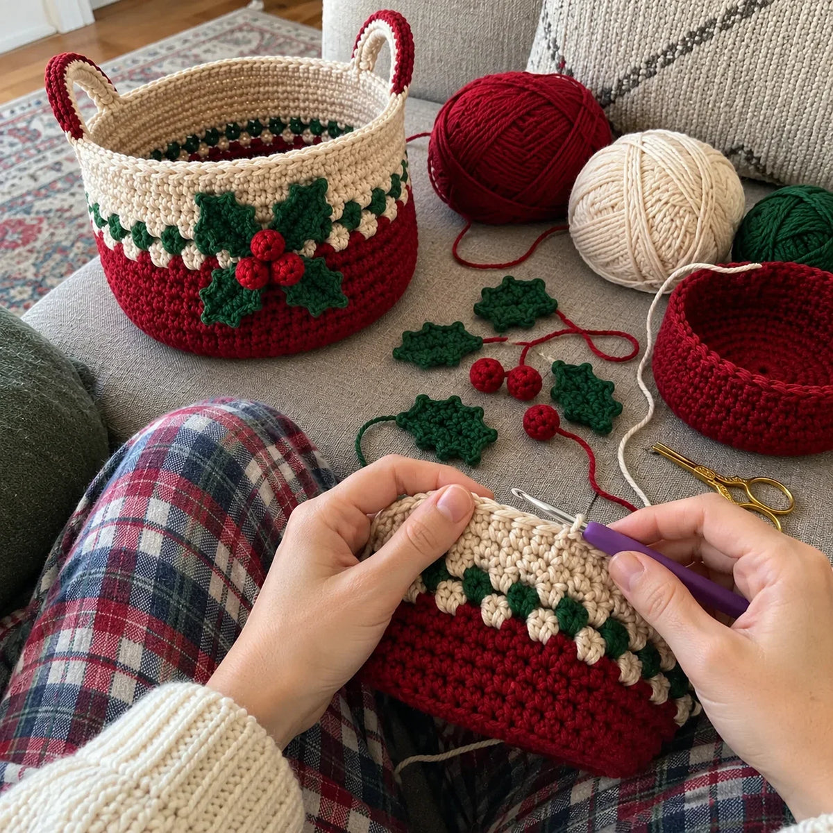 Häkelanleitung Weihnachtskörbe – 3 stapelbare Größen mit Stechpalmen-Dekor