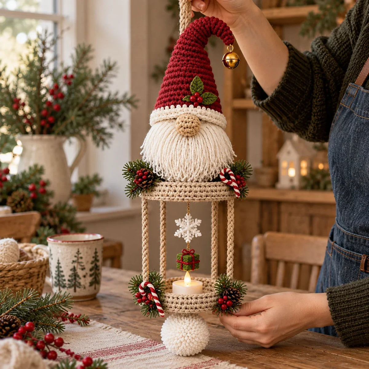 Weihnachtswichtel-Hängelaterne Häkelanleitung – LED-Teelichthalter