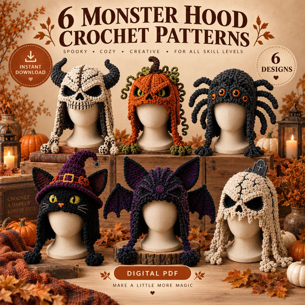 Gehäkelte Halloween-Monsterkapuzen – 6 Designs für Erwachsene