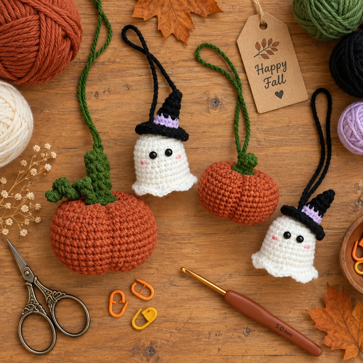 Pumpkin & Ghost Crochet Pattern – Halloween Hanging Decoration