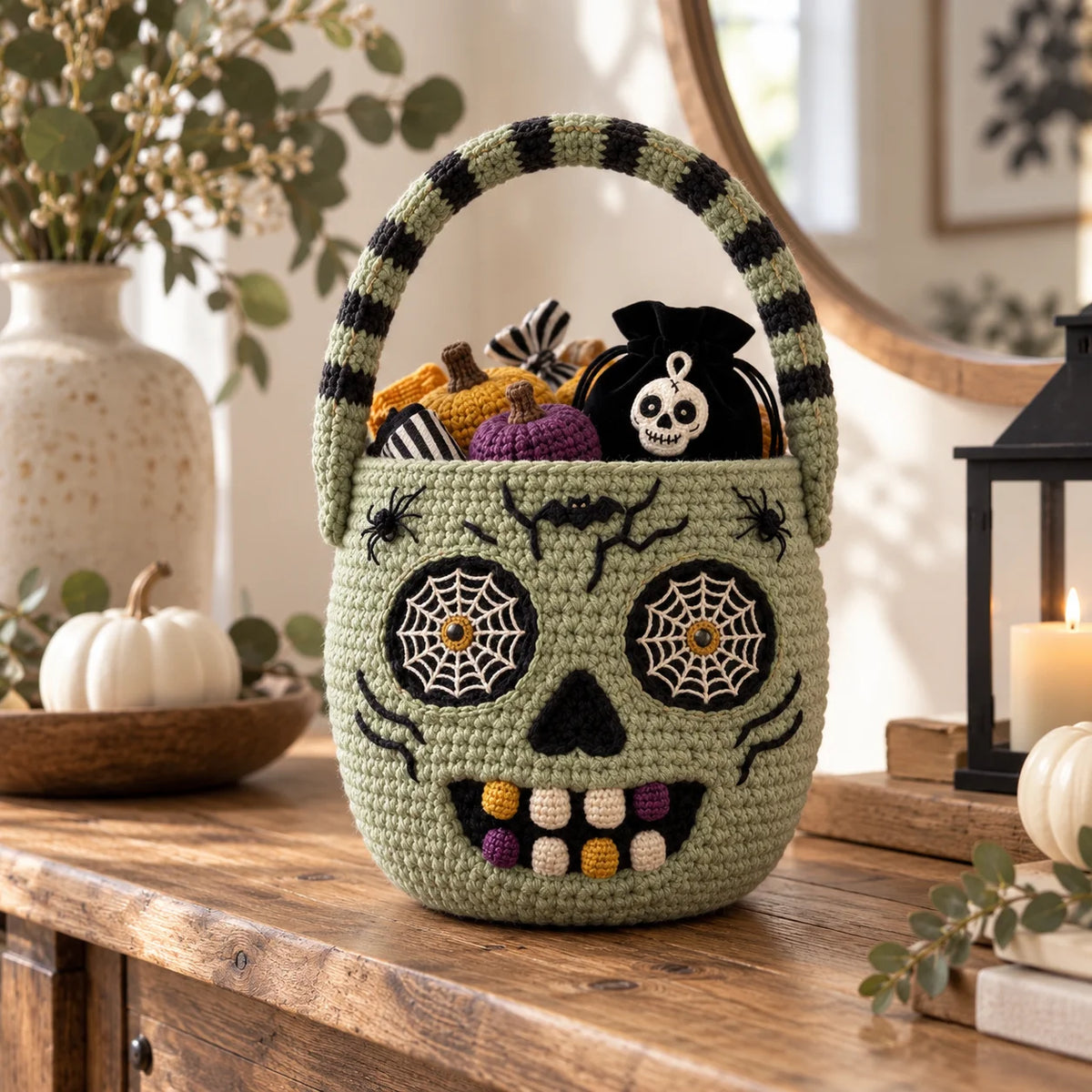 Häkelanleitung für einen Halloween-Zuckerschädel-Korb