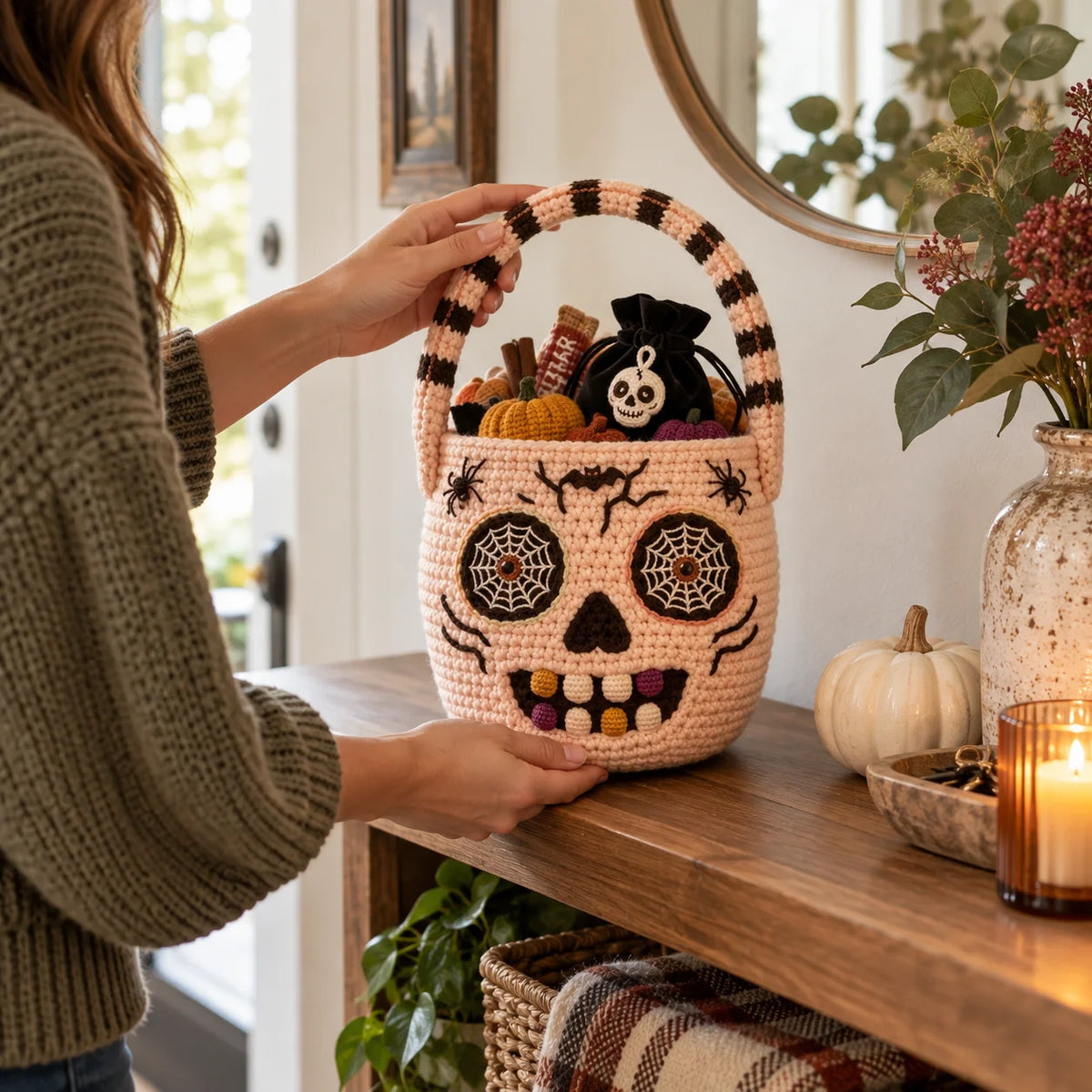 Häkelanleitung für einen Halloween-Zuckerschädel-Korb