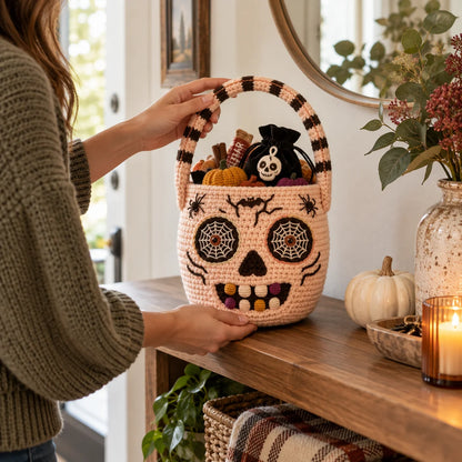Häkelanleitung für einen Halloween-Zuckerschädel-Korb