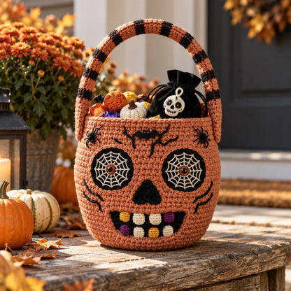 Häkelanleitung für einen Halloween-Zuckerschädel-Korb