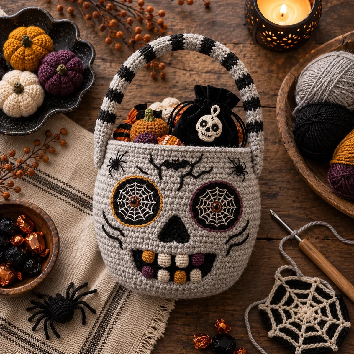 Häkelanleitung für einen Halloween-Zuckerschädel-Korb