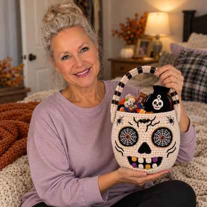 Häkelanleitung für einen Halloween-Zuckerschädel-Korb