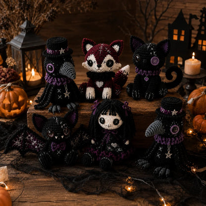 Gothic Amigurumi Crochet Pattern - Halloween Doll Set PDF, various sizes