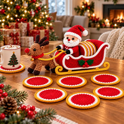 Weihnachtlicher Schlitten mit Rentier & Untersetzern – Häkelanleitung