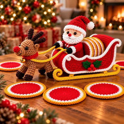 Weihnachtlicher Schlitten mit Rentier & Untersetzern – Häkelanleitung