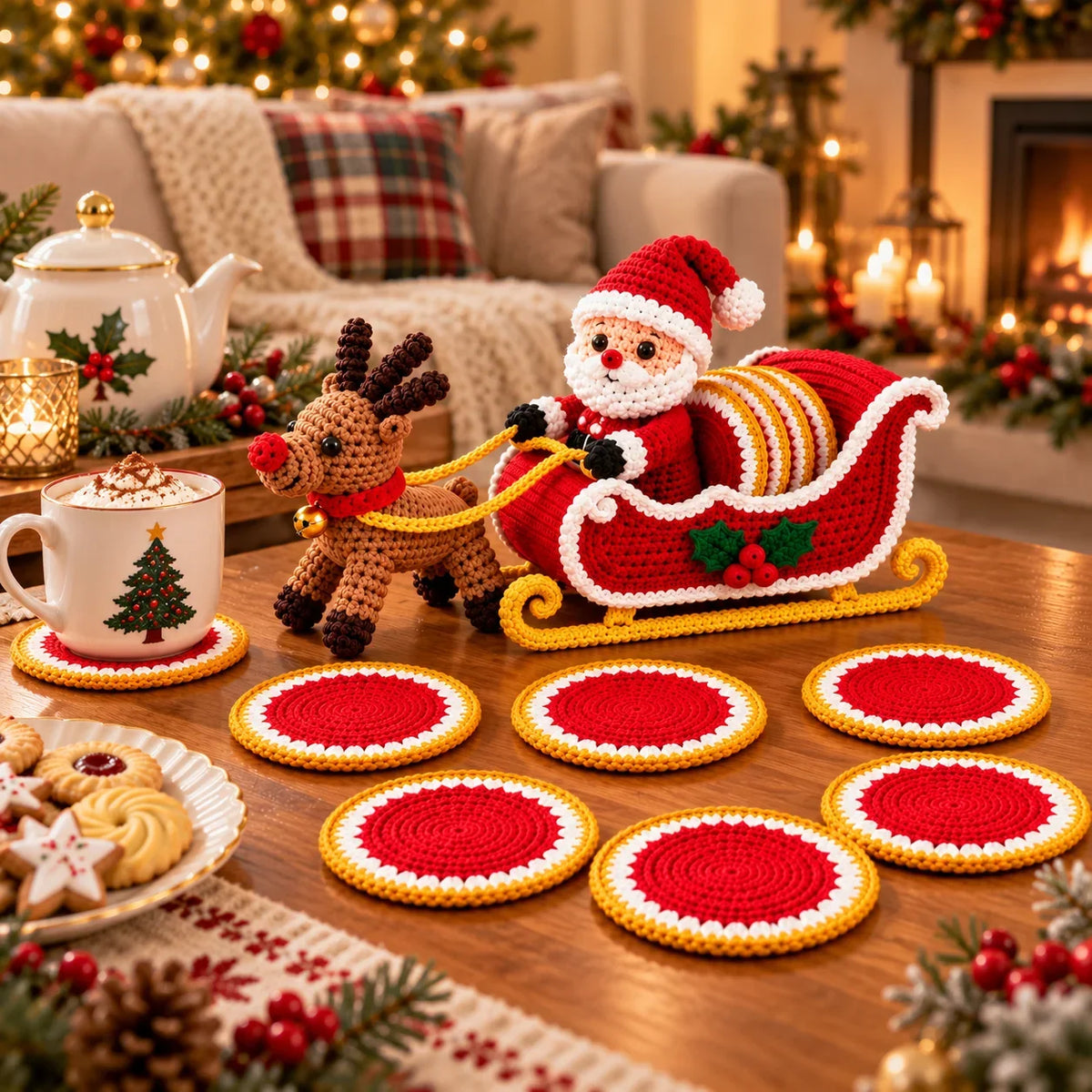 Weihnachtlicher Schlitten mit Rentier & Untersetzern – Häkelanleitung
