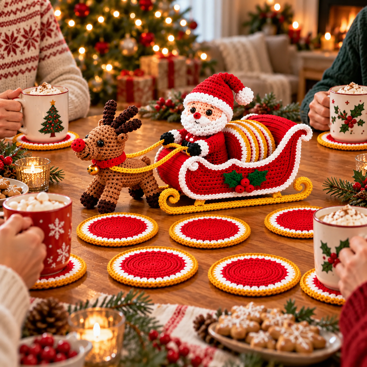 Weihnachtlicher Schlitten mit Rentier & Untersetzern – Häkelanleitung