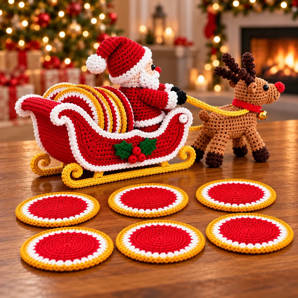 Weihnachtlicher Schlitten mit Rentier & Untersetzern – Häkelanleitung