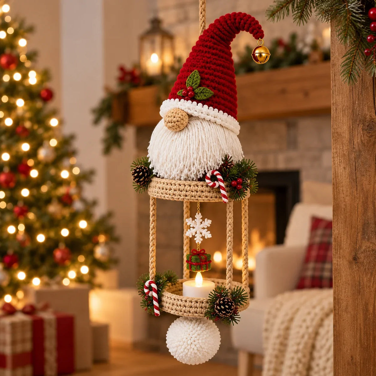 Weihnachtswichtel-Hängelaterne Häkelanleitung – LED-Teelichthalter
