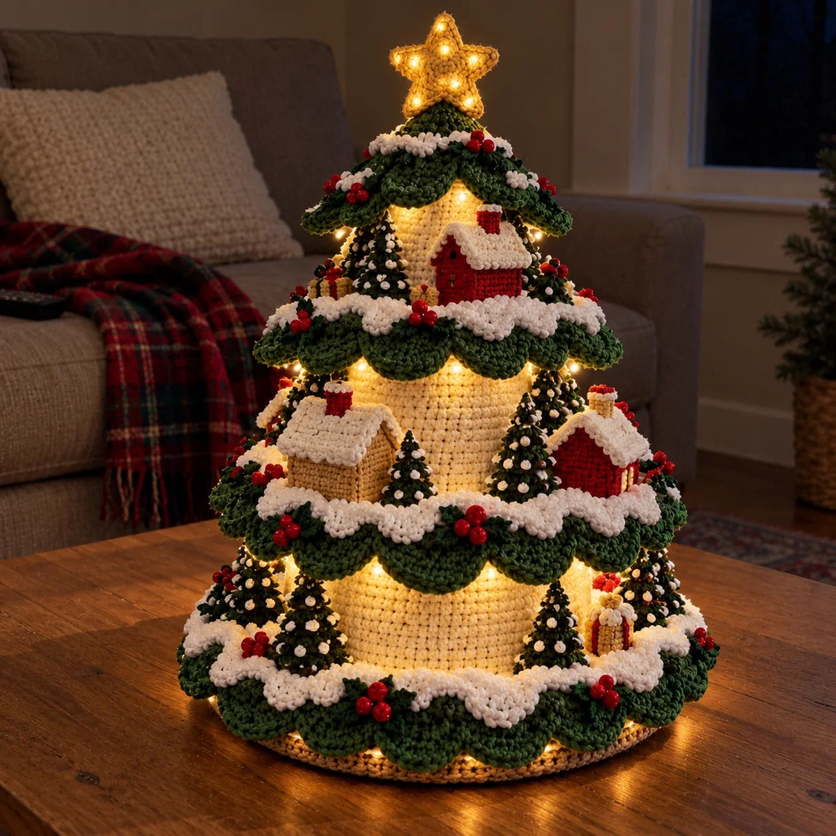Häkelanleitung Weihnachtsbaum-Lampe – Beleuchtetes Weihnachtsdorf